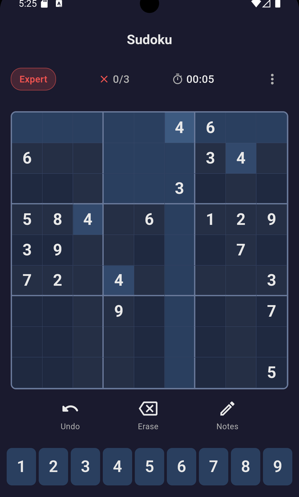 An Expert-level puzzle in Sudoku Dark, showing sparsely filled boxes and a mistake counter at 0 of 3