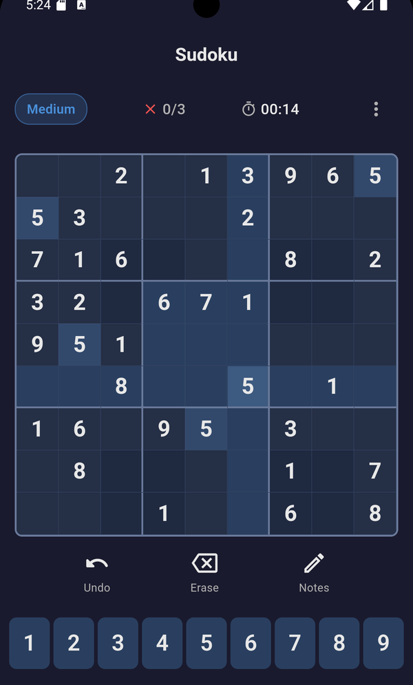 A Medium puzzle in progress in Sudoku Dark, showing the timer, mistake counter, notes toggle and number pad